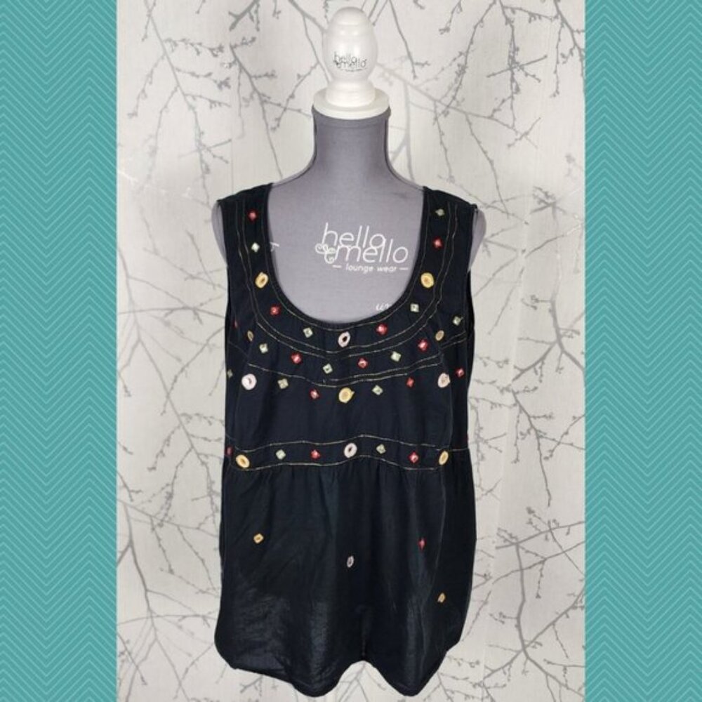 Lori Michaels Navy Cotton Mirrors Embroidered Scoop Neck Tank